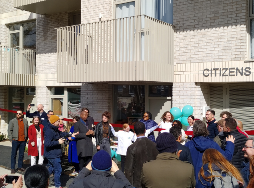 Residents and neighbours celebrating the opening of Citizens House in Lewisham.