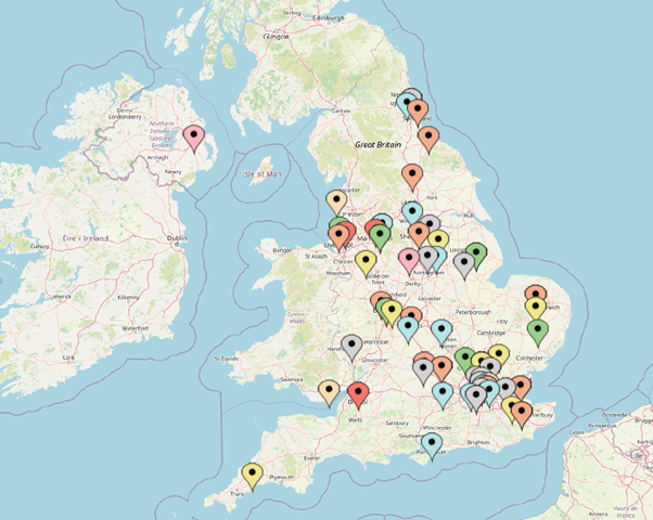 Map of the United Kingdom with pins to identify locations of TCPA workshops