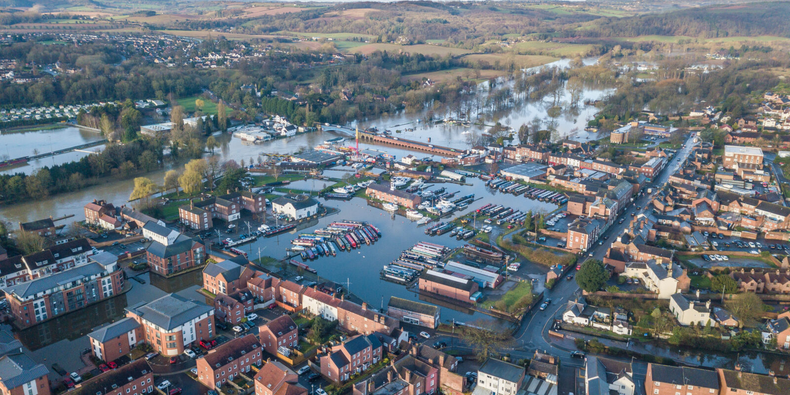 Aerial view of the Stourport-on-Severn after heavy flooding from storms Ciara and Dennis