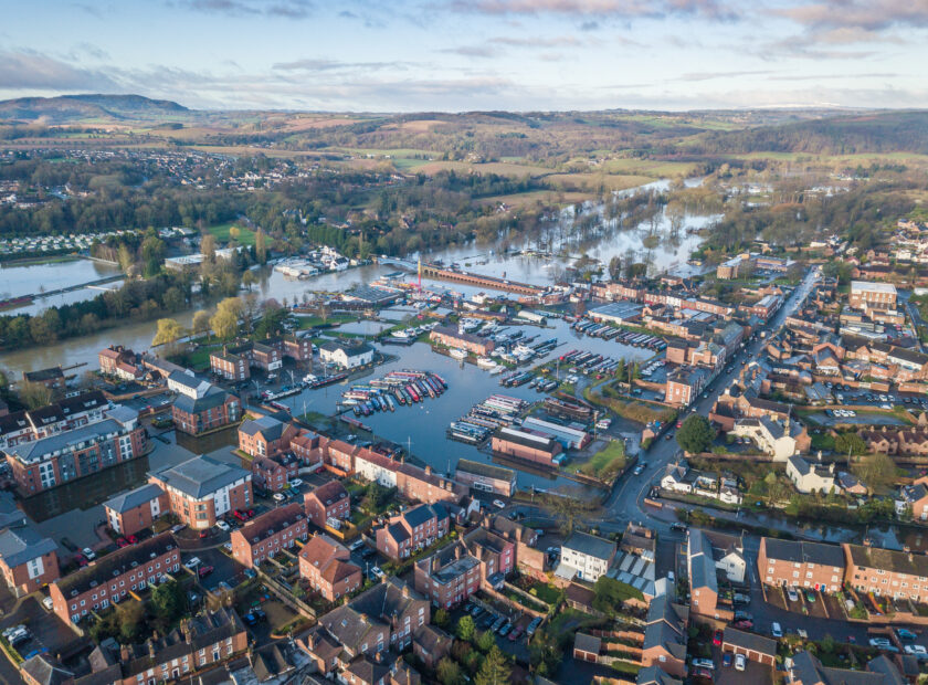 Aerial view of the Stourport-on-Severn after heavy flooding from storms Ciara and Dennis